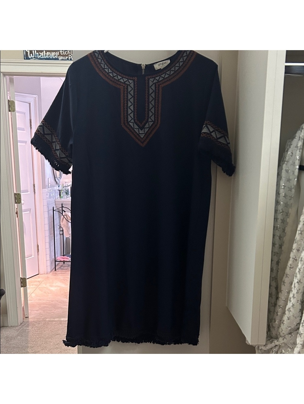Umgee USA Embroidered Navy Dress with Fringe Detail, Size Large